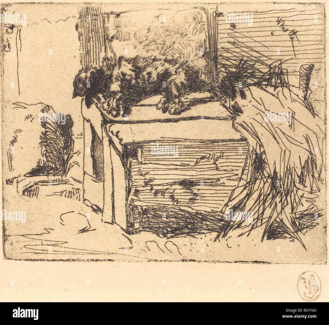 Il cane sul canile. Dimensioni: piastra: 7 x 8,9 cm (2 3/4 x 3 1/2 in.) foglio: 24,8 x 31,3 cm (9 3/4 x 12 5/16 in.). Medium: attacco in nero su carta intessuta. Museo: National Gallery of Art di Washington DC. Autore: Whistler, JAMES ABBOTT MCNEILL. Foto Stock