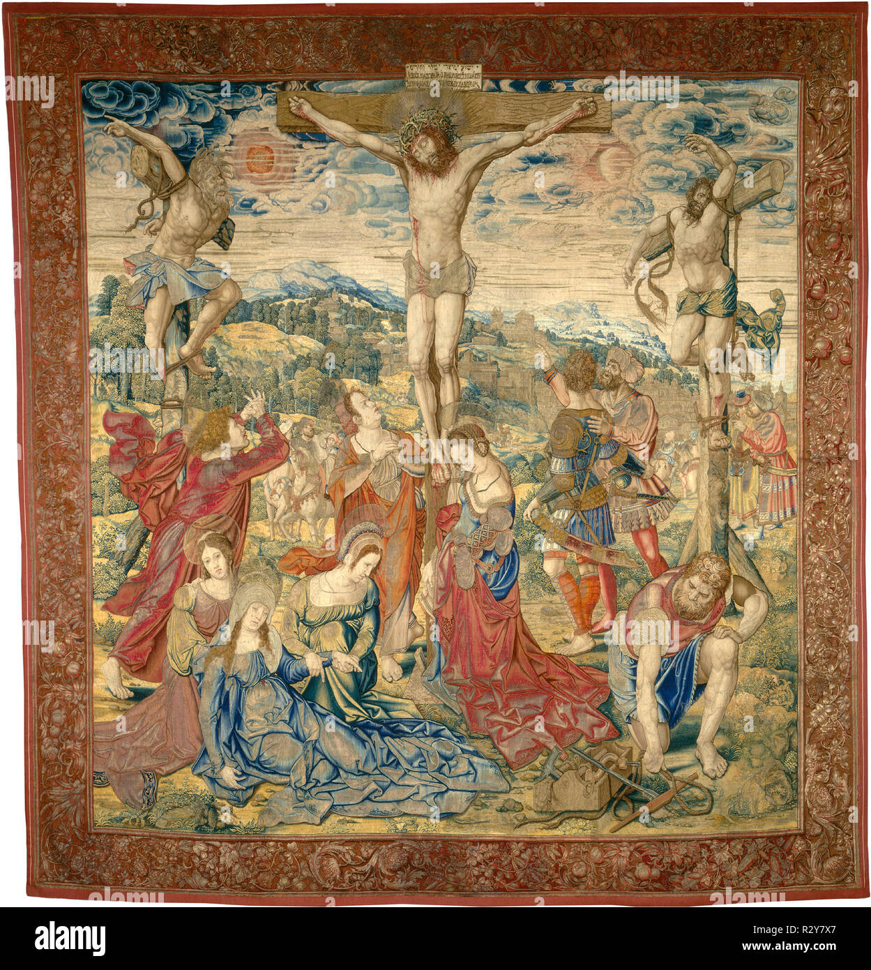 La crocifissione. Data: c. 1520. Dimensioni: complessivo: 369,6 x 354.3 cm (145 1/2 x 139 1/2 in.). Medium: arazzo: non tinta lana ordito; filate argento e argento-dorato, e tinti in seta e lana di trama. Museo: National Gallery of Art di Washington DC. Autore: Pieter Pannemaker io dopo Bernard van Orley. Foto Stock