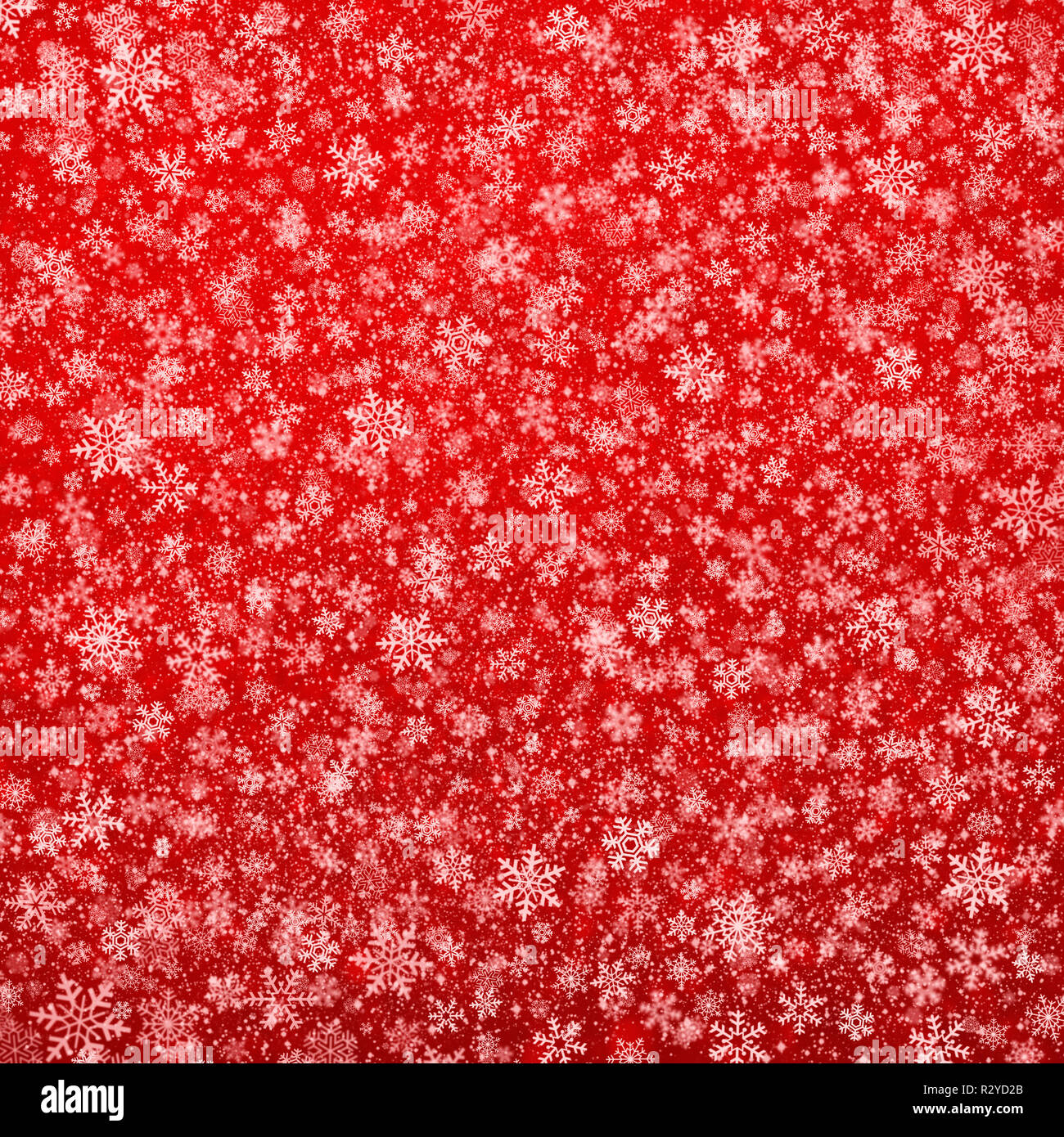 Fiocchi di neve bianca forme e caduta di neve su uno sfondo di colore rosso. Natale materiale stagionali. Foto Stock