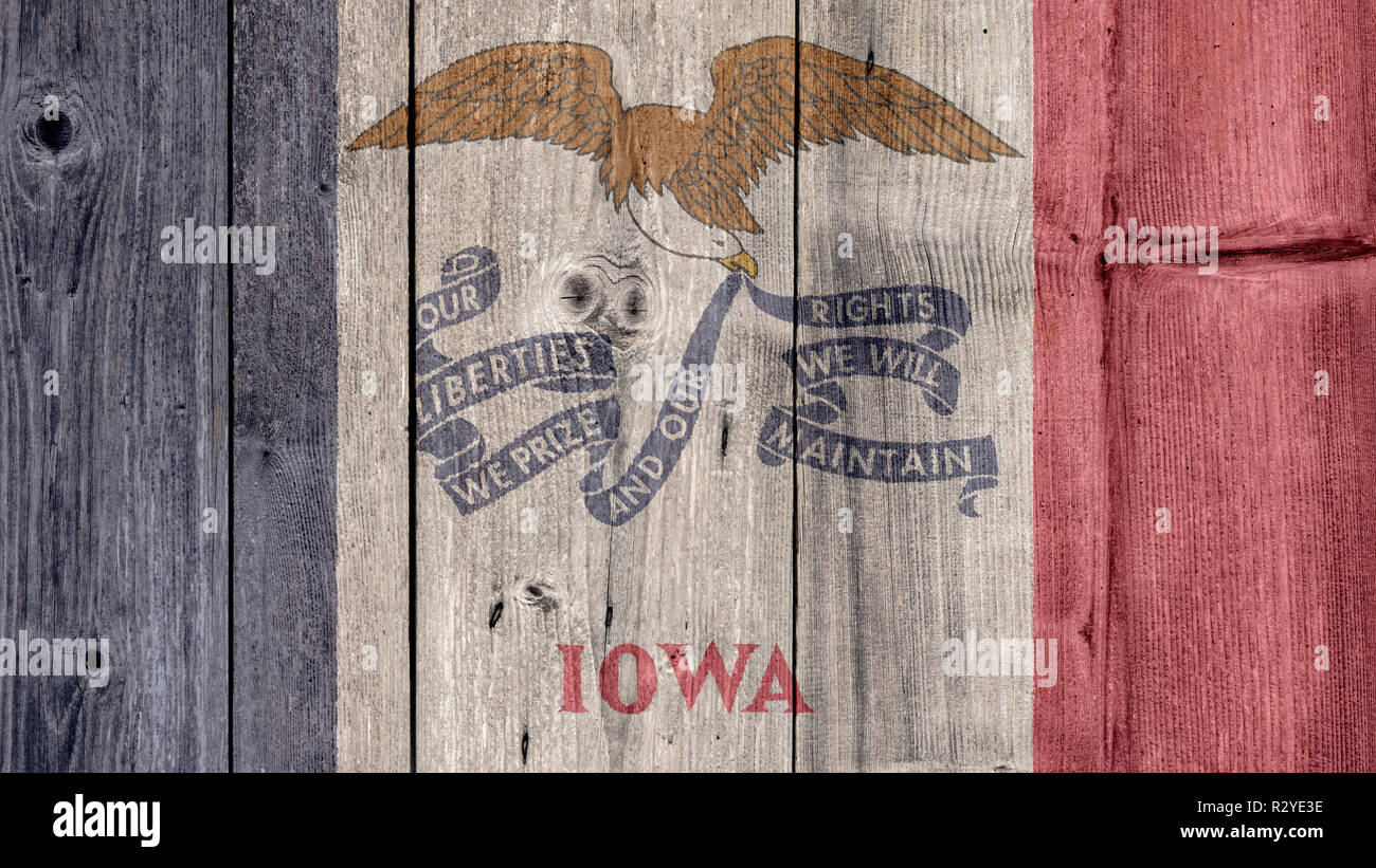 USA la politica News Concept: uno Stato USA Iowa bandiera recinzione di legno Foto Stock