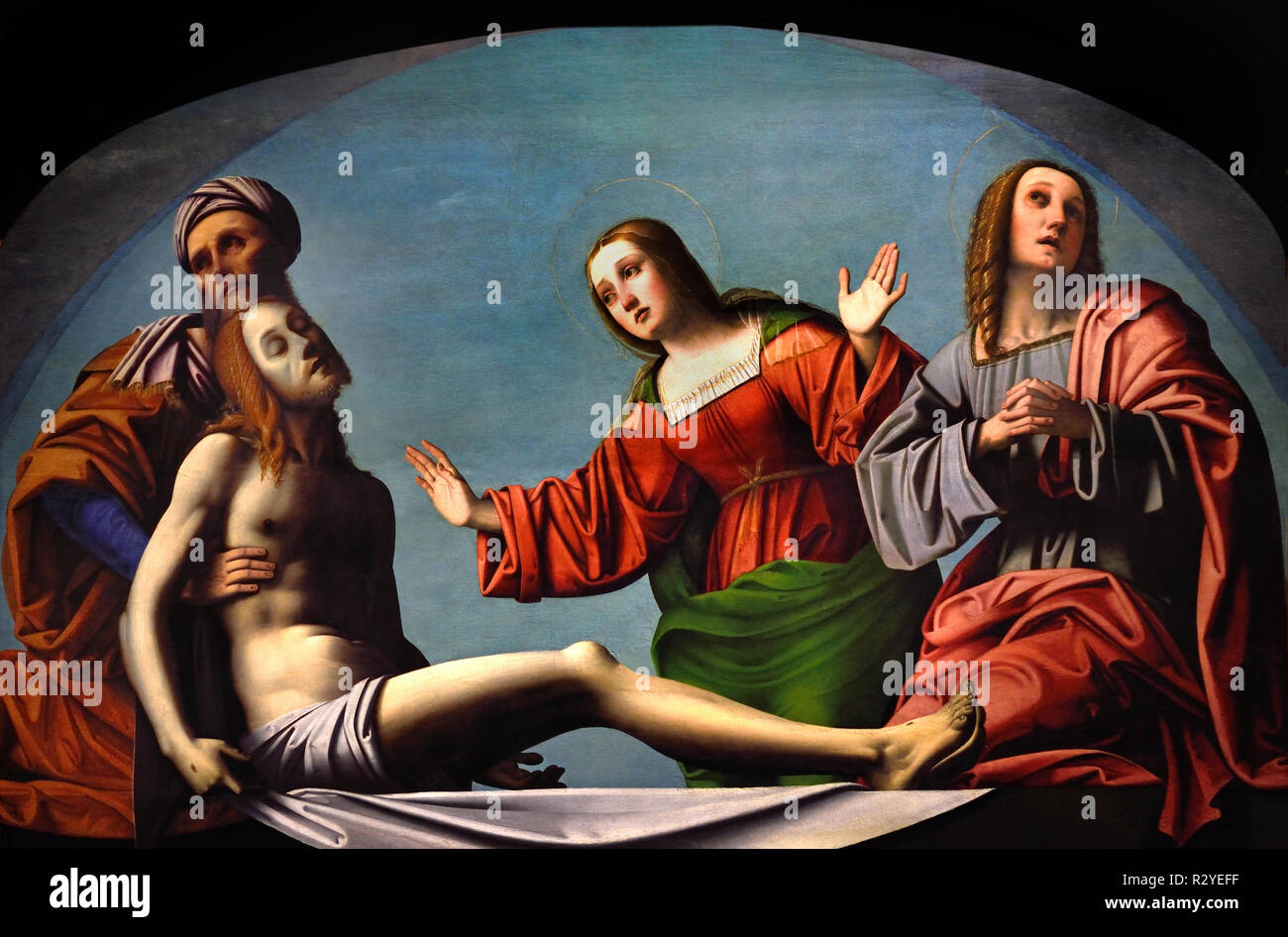 Cristo ha portato giù dalla croce e San Giuseppe di Arimatea, Santa Maria Maddalena e San Giovanni da Ortolano (Giovan Battista Benvenuti) Ferrara, 1485 - 1527, l'Italia,l'italiano. Foto Stock