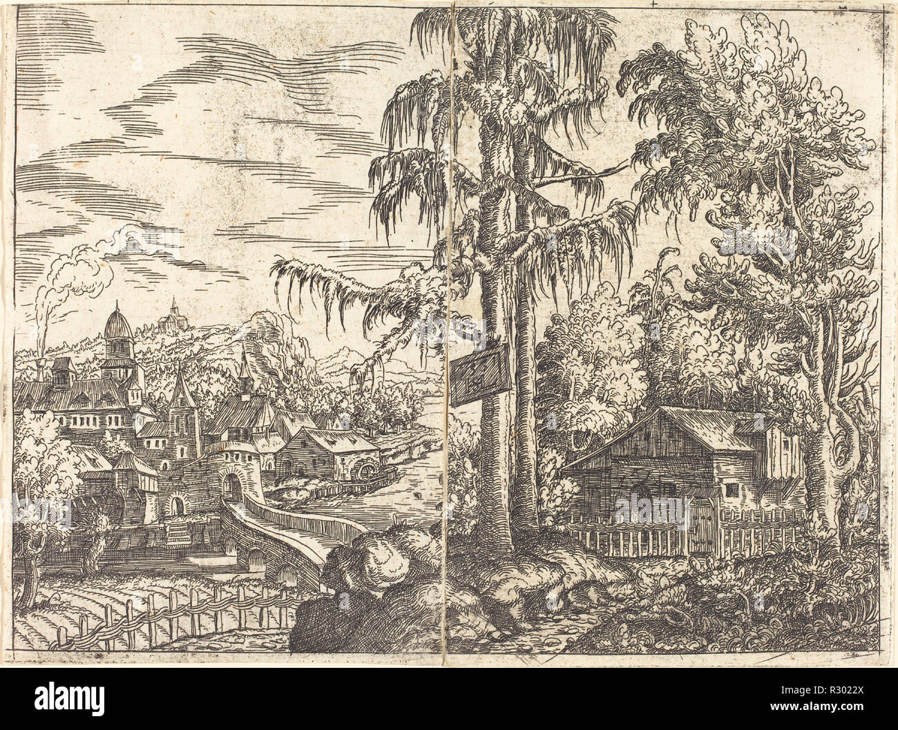 Paesaggio con vista di un agricoltore's Cottage e una cittadina nei pressi di un fiume. Data: 1551. Medio: l'attacco//congiungersi paesaggi su 2 fogli di carta. Museo: National Gallery of Art di Washington DC. Autore: Hanns Lautensack. Foto Stock