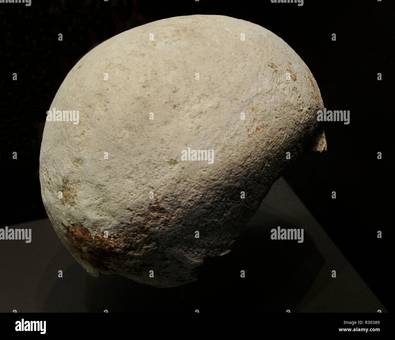 Periodo calcolitico. Cranio di Homo sapiens impregnata con un colorante (marrone). La Sonseca (Laborcillas, provincia di Granada, Andalusia). Museo Archeologico Nazionale. Madrid. Spagna. Foto Stock