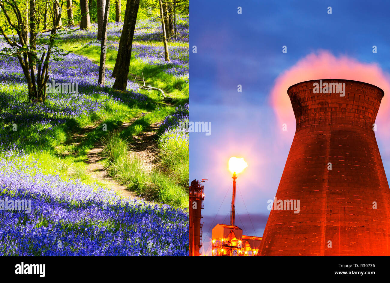 Un composito colpo di bellissimi boschi e inquinato complesso industriale. Foto Stock