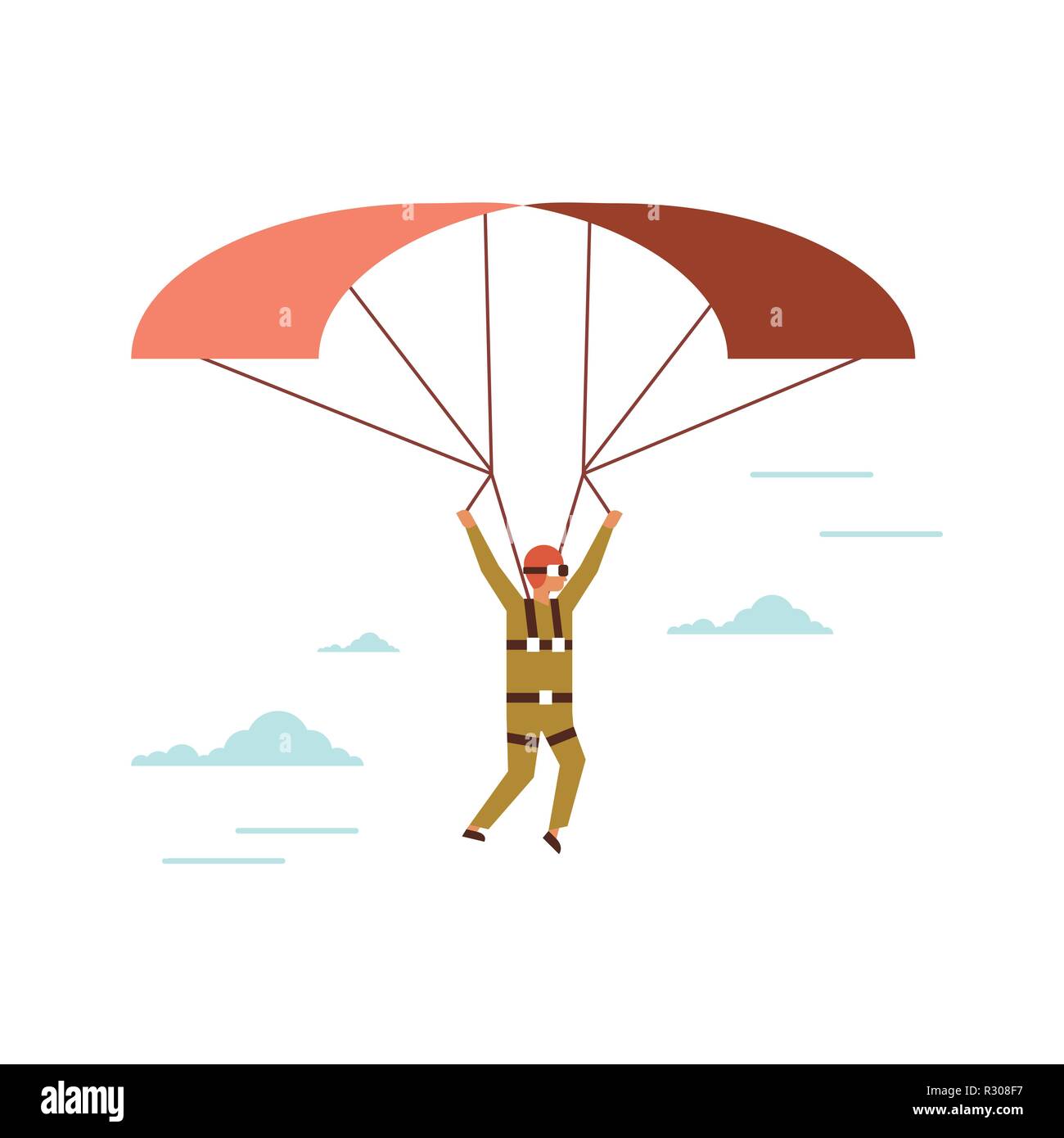 Uomo che indossa gli occhiali vr battenti parachute Guy in realtà virtuale auricolare parapendio concetto maschio della linea dei cartoni animati di lunghezza completa isolato Illustrazione Vettoriale