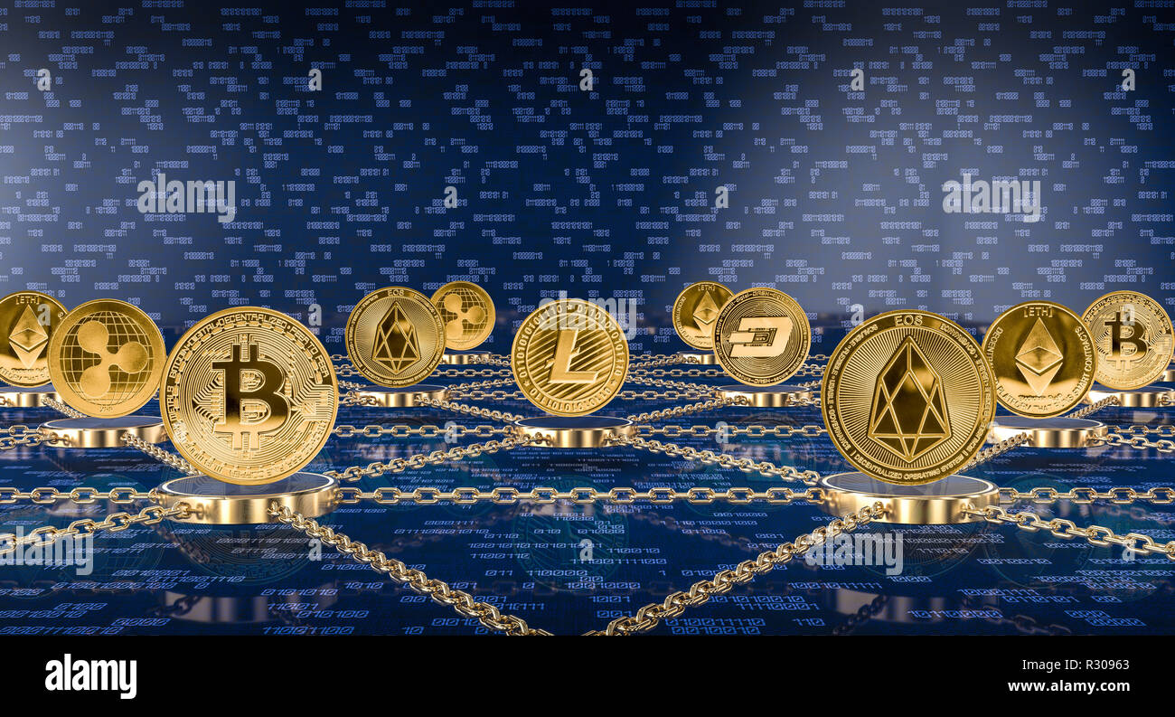 Metallo golden crypto monete e concetto blockchain 3d rendering immagine Foto Stock