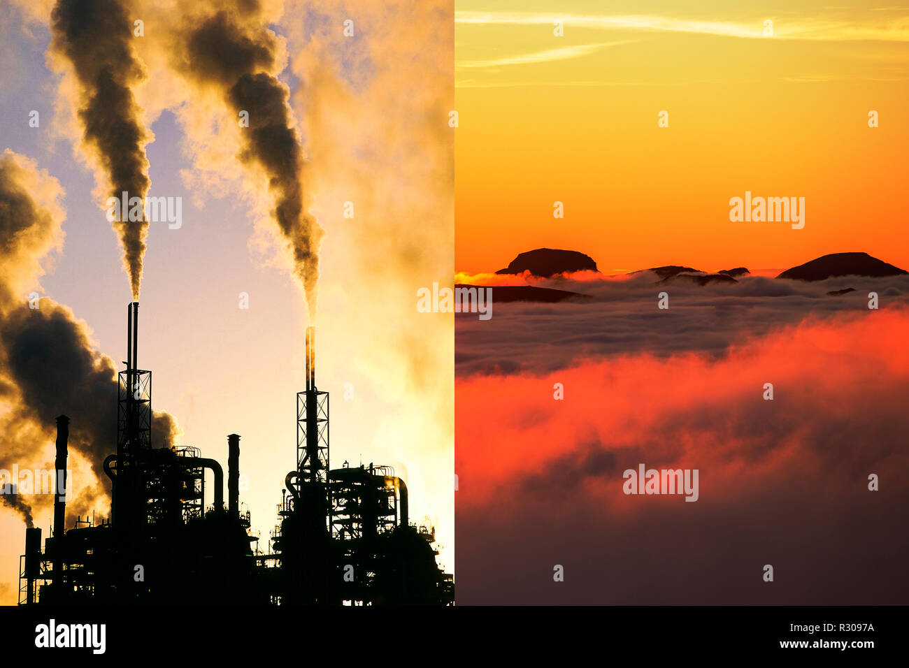 Un composito shot del bellissimo Lago di scena di distretto e inquinato complesso industriale. Foto Stock