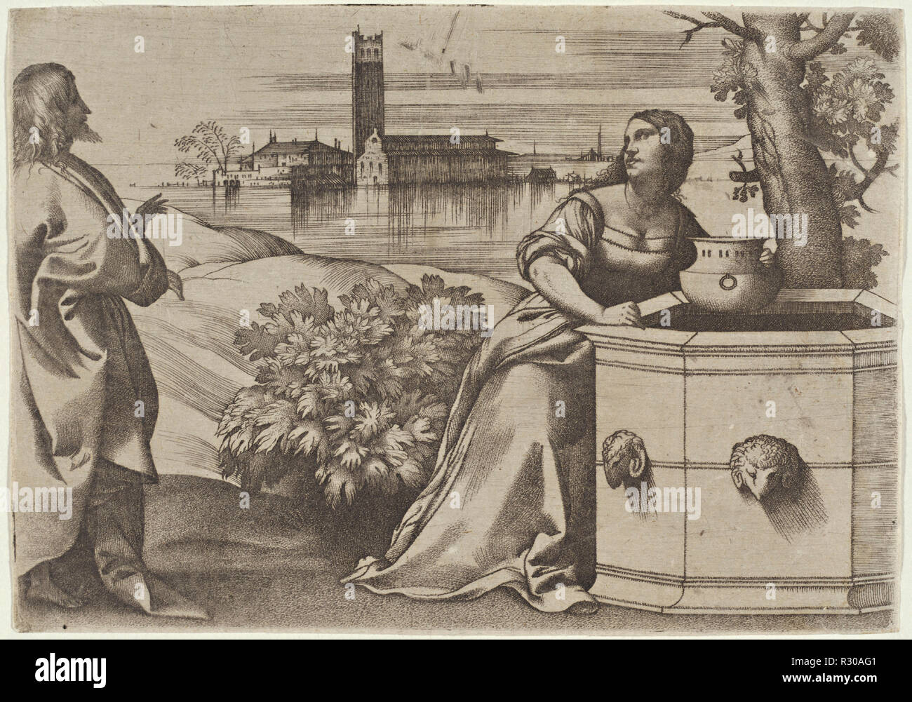 Cristo e la Samaritana. Data: c. 1510. Medium: incisione. Museo: National Gallery of Art di Washington DC. Autore: Giulio Campagnola. Foto Stock