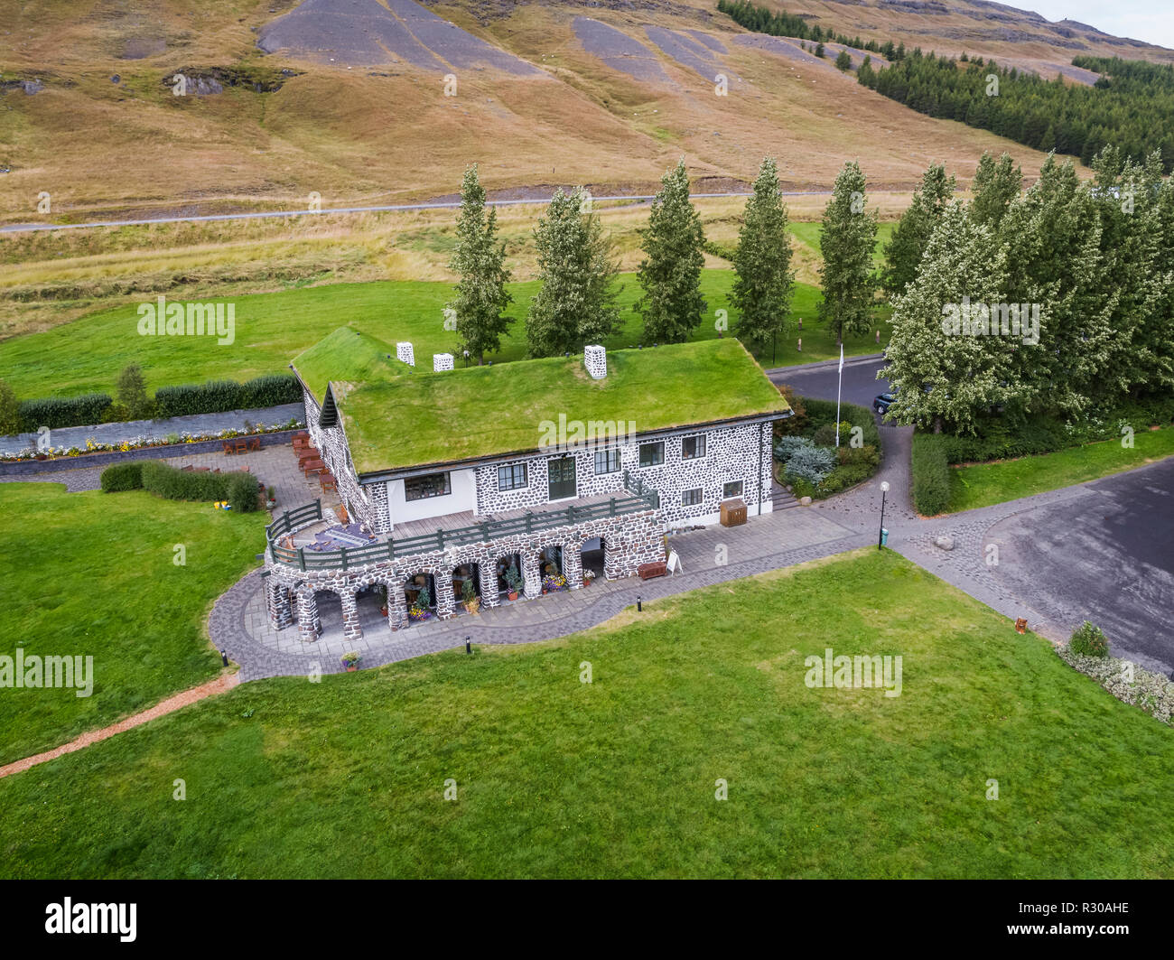 Museo Skriduklaustur, Islanda Orientale. Questa immagine viene girato utilizzando un drone. Foto Stock