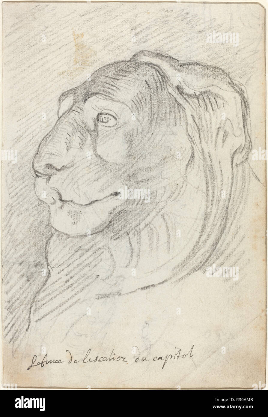 Testa di leone dal Campidoglio scalinata. Data: 1752/1756. Dimensioni: complessivo: 18 x 12,3 cm (7 1/16 x 4 13/16 in.). Medium: gesso nero su carta vergata. Museo: National Gallery of Art di Washington DC. Autore: Augustin Pajou. Foto Stock