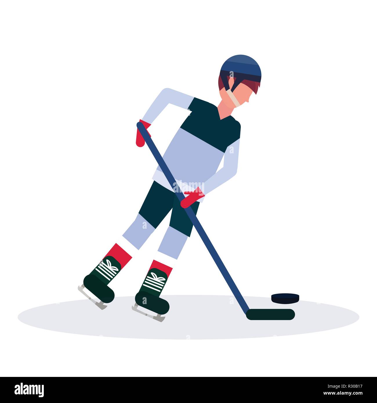 Giocatore professionale del hockey di ghiaccio stecco di presa sul ghiaccio con pack maschio personaggio dei fumetti a lunghezza piena isolati piatta Illustrazione Vettoriale
