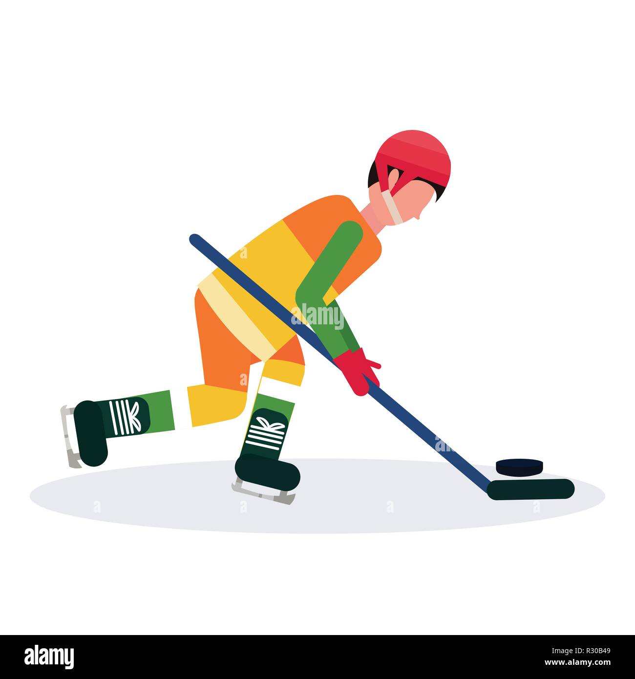 Giocatore professionale del hockey di ghiaccio stecco di presa sul ghiaccio con pack maschio personaggio dei fumetti a lunghezza piena isolati piatta Illustrazione Vettoriale
