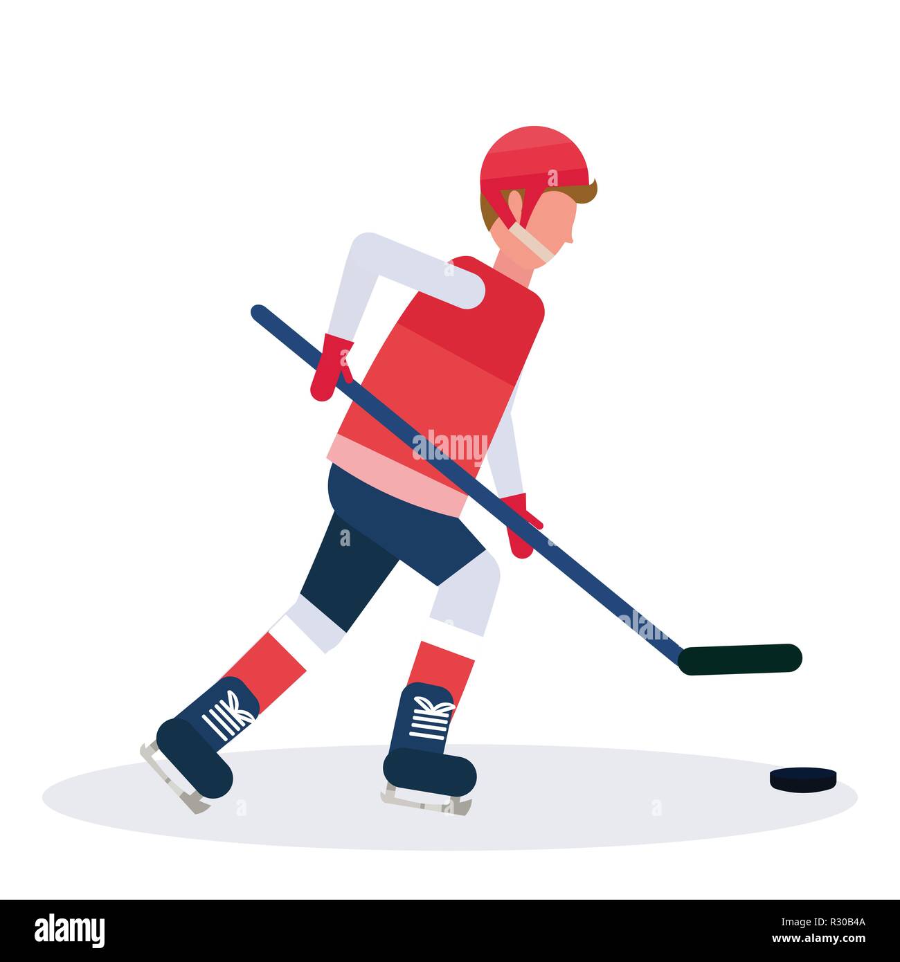 Giocatore professionale del hockey di ghiaccio stecco di presa sul ghiaccio con pack maschio personaggio dei fumetti a lunghezza piena isolati piatta Illustrazione Vettoriale