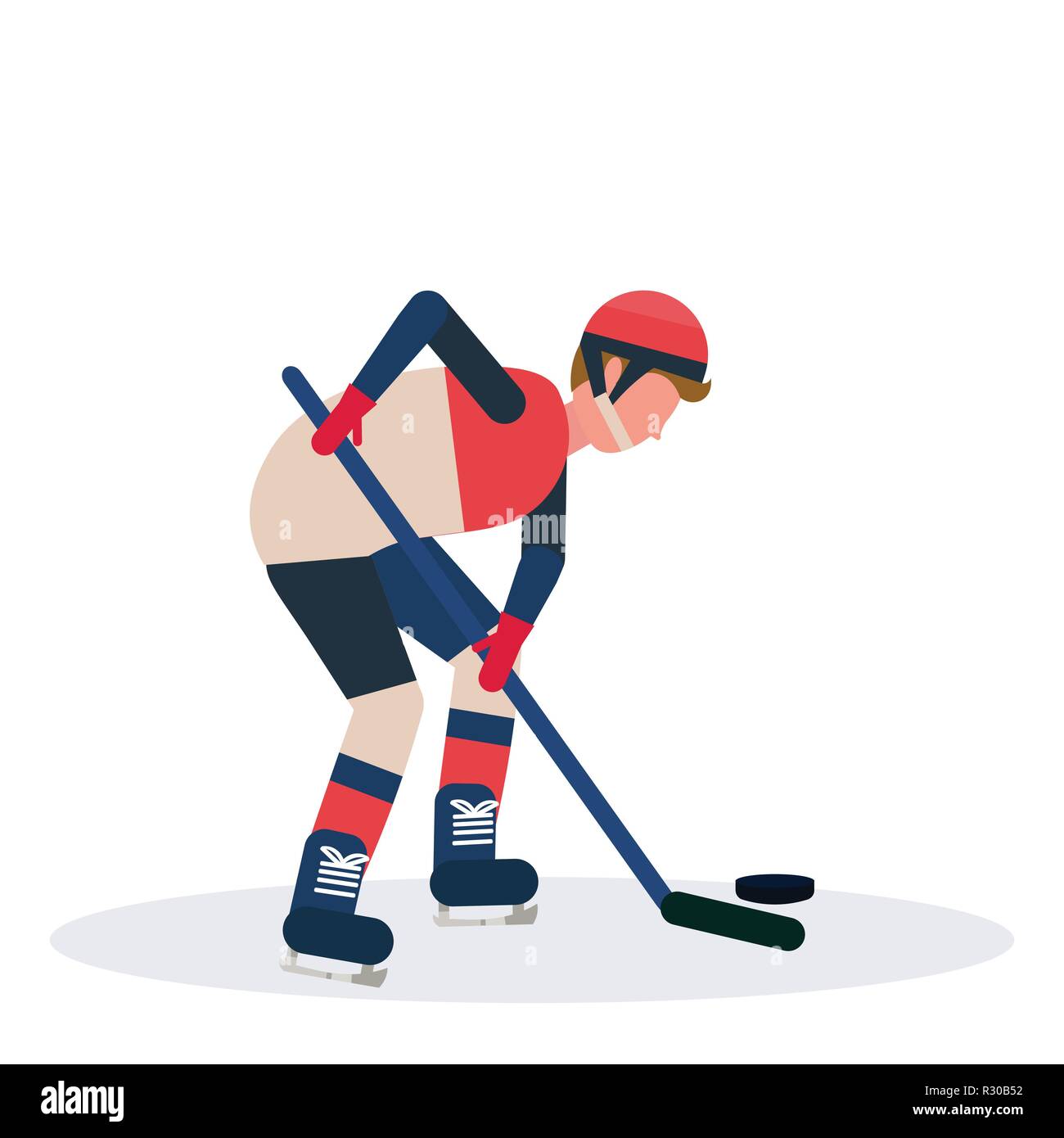 Giocatore professionale del hockey di ghiaccio stecco di presa sul ghiaccio con pack maschio personaggio dei fumetti a lunghezza piena isolati piatta Illustrazione Vettoriale