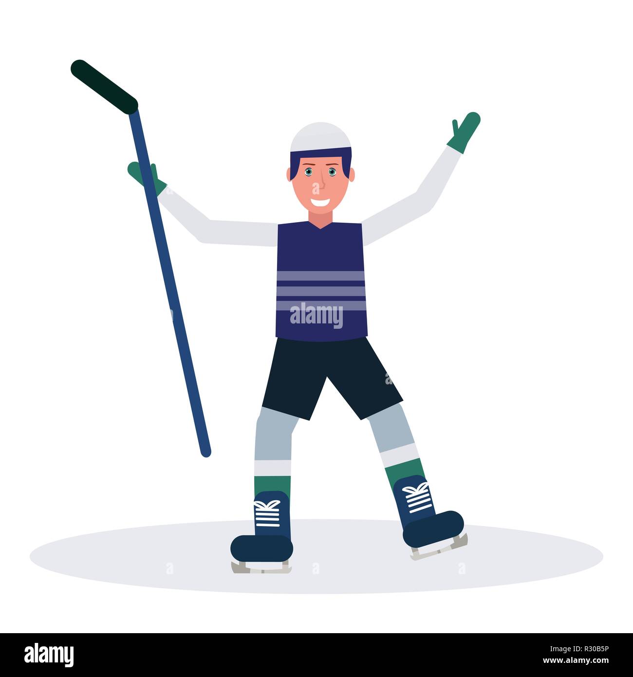 Hockey su ghiaccio player stick e braccia in alto il pattinaggio traguardo celebrando concetto maschio personaggio dei cartoni animati a lunghezza piena isolati piatta Illustrazione Vettoriale