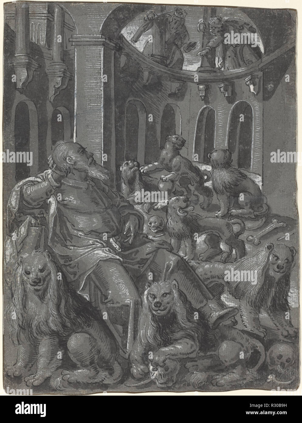 Daniele nella fossa dei leoni [recto]. Data: c. 1600. Dimensioni: complessivo: 21,3 x 16 cm (8 3/8 x 6 5/16 in.). Medium: Penna e inchiostro nero con pennello e inchiostro grigio e graywash intensificato con bianco su grigio carta preparata. Museo: National Gallery of Art di Washington DC. Autore: tedesco del XVI secolo. Foto Stock