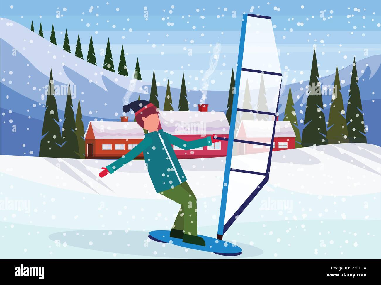 L'uomo windboarding windsurf sulla neve oltre le piccole case di villaggio in inverno le montagne innevate colline la foresta di abeti sullo sfondo del paesaggio piatto orizzontale Illustrazione Vettoriale