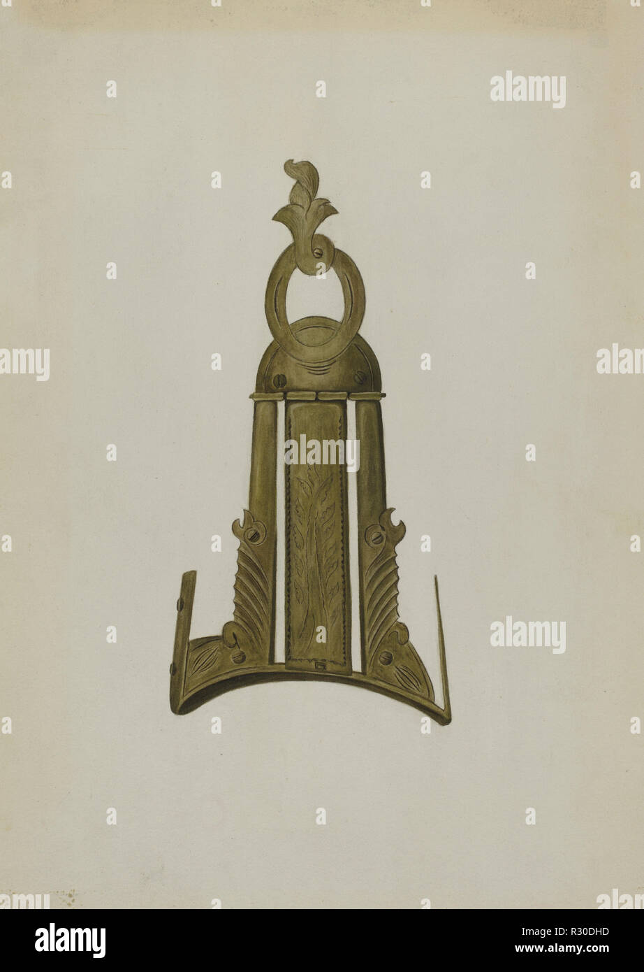Patch-box da Cavalry Carbine Stock. Data: c. 1939. Dimensioni: complessivo: 35,3 x 25,3 cm (13 7/8 x 9 15/16 in.). Medium: acquerello e penna e inchiostro su carta. Museo: National Gallery of Art di Washington DC. Autore: Elmer R. Kottcamp. Foto Stock
