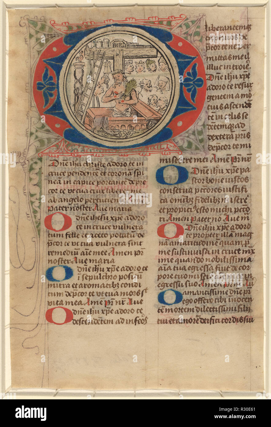 Cristo come l uomo dei dolori. Data: c. 1500. Medium: incisione, colorate a mano in rosso, marrone, viola, verde e carne; incollata in un iniziale 'O' su un illuminato vellum foglio strappato da un libro. Museo: National Gallery of Art di Washington DC. Autore: Netherlandish xv secolo. Foto Stock