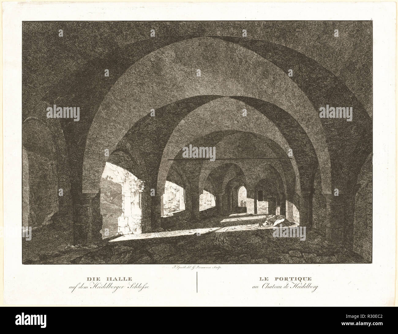 Die Halle auf dem Heidelberger Schlosse (il Hall del castello di Heidelberg). Data: 1806. Dimensioni: piastra: 36,6 × 47,4 cm (14 7/16 × 18 11/16 in.) foglio: 36,8 × 47,5 cm (14 1/2 × 18 11/16 in.). Medio : incisione su carta intessuta. Museo: National Gallery of Art di Washington DC. Autore: Georg Primavesi, dopo Peter Speeth. Foto Stock