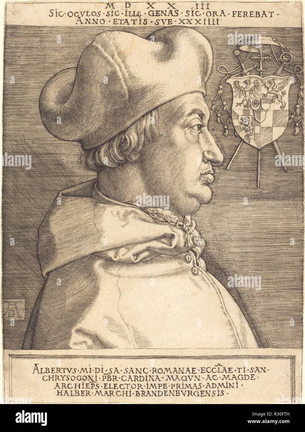 Il Cardinale Albrecht di Brandeburgo ("grande Cardinale"). Data: 1523. Dimensioni: foglio (rifilato alla piastra mark): 16,9 x 12,6 cm (6 5/8 x 4 15/16 in.). Medium: incisione. Museo: National Gallery of Art di Washington DC. Autore: Dürer, Albrecht. ALBRECHT Dürer. Foto Stock