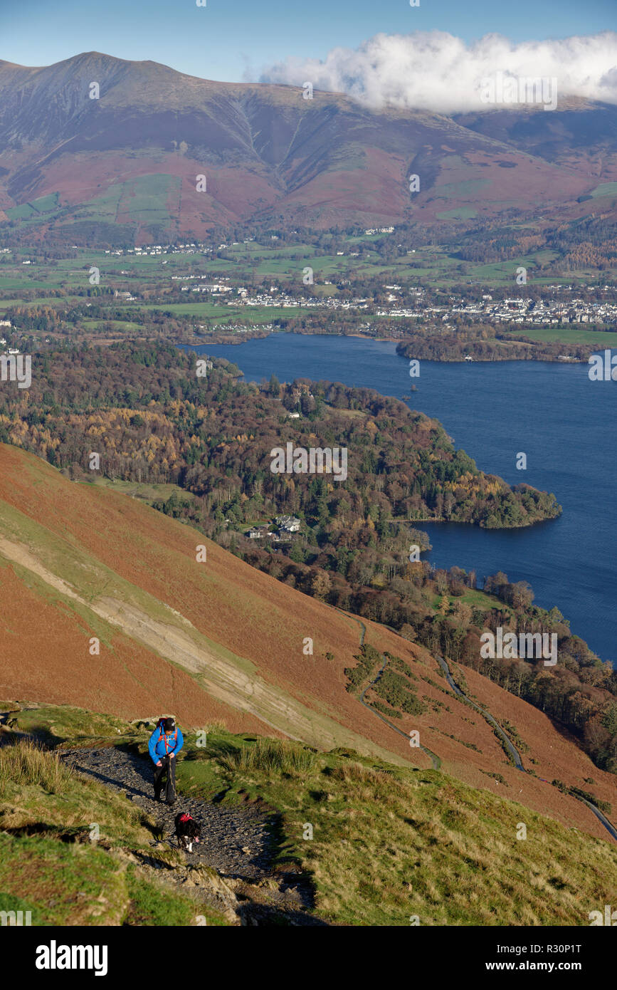 Fellwalker con il suo cane salendo fino alle pendici del Catbells una montagna compatta nel Lake District inglese. Foto Stock