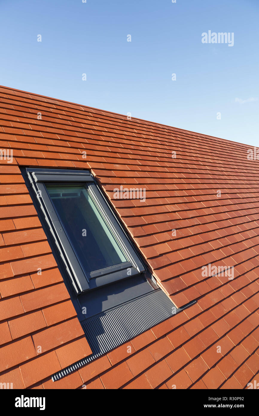 Luce del tetto Velux finestra di stile in una pianura tradizionali piastrelle in argilla tetto della casa Foto Stock
