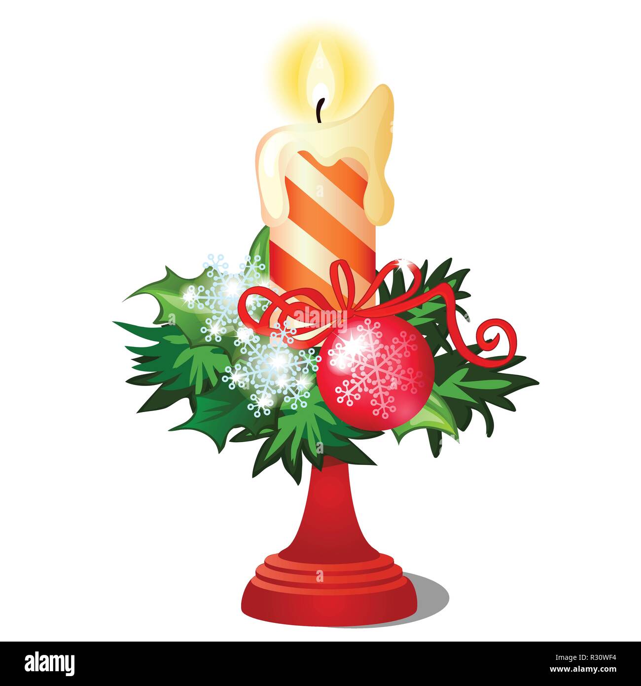 Schizzo di natale con candela che brucia in portacandele con decorazioni di festa e baubles isolati su sfondo bianco. Vector cartoon close-up illustrazione. Illustrazione Vettoriale