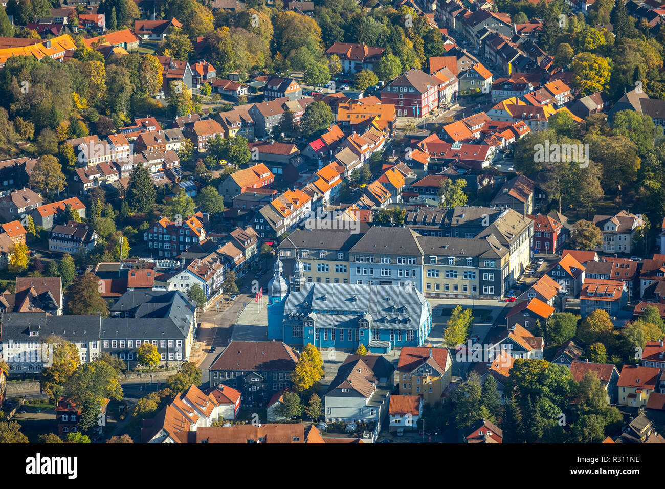 Vista aerea, Clausthal University of Technology, Adolph-Roemer-Straße, Evangelica Luterana Chiesa di mercato dello Spirito Santo, An der Marktkirche, Clau Foto Stock