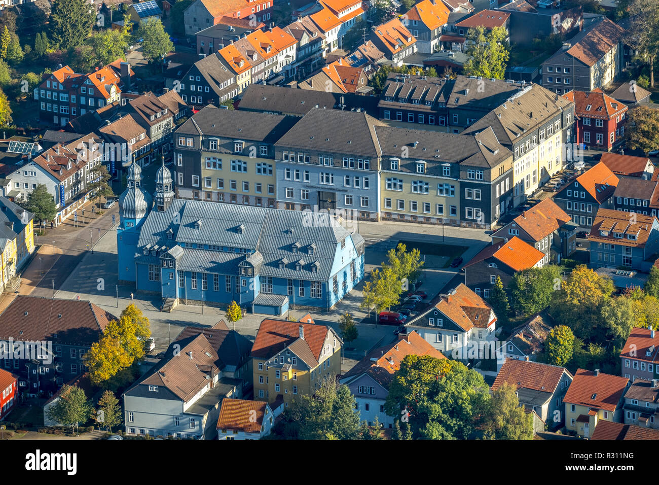 Vista aerea, Clausthal University of Technology, Adolph-Roemer-Straße, Evangelica Luterana Chiesa di mercato dello Spirito Santo, An der Marktkirche, Clau Foto Stock