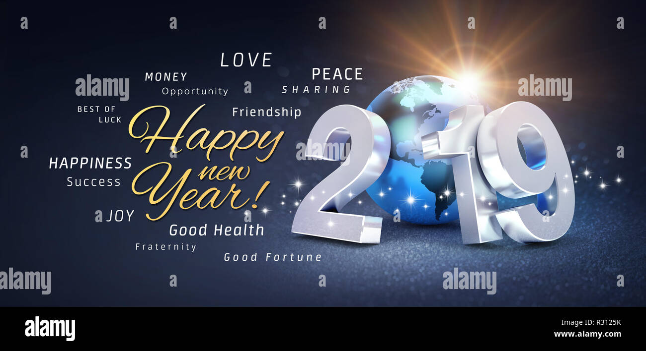 Felice Anno Nuovo auguri, auguri e 2019 data numero, composta con il pianeta terra colorate in blu, su una festosa sfondo nero con brillantini e Foto Stock