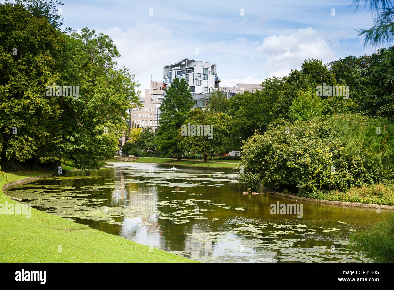 Leopoldo parco con laghetto e alberi di Bruxelles in Belgio. Foto Stock