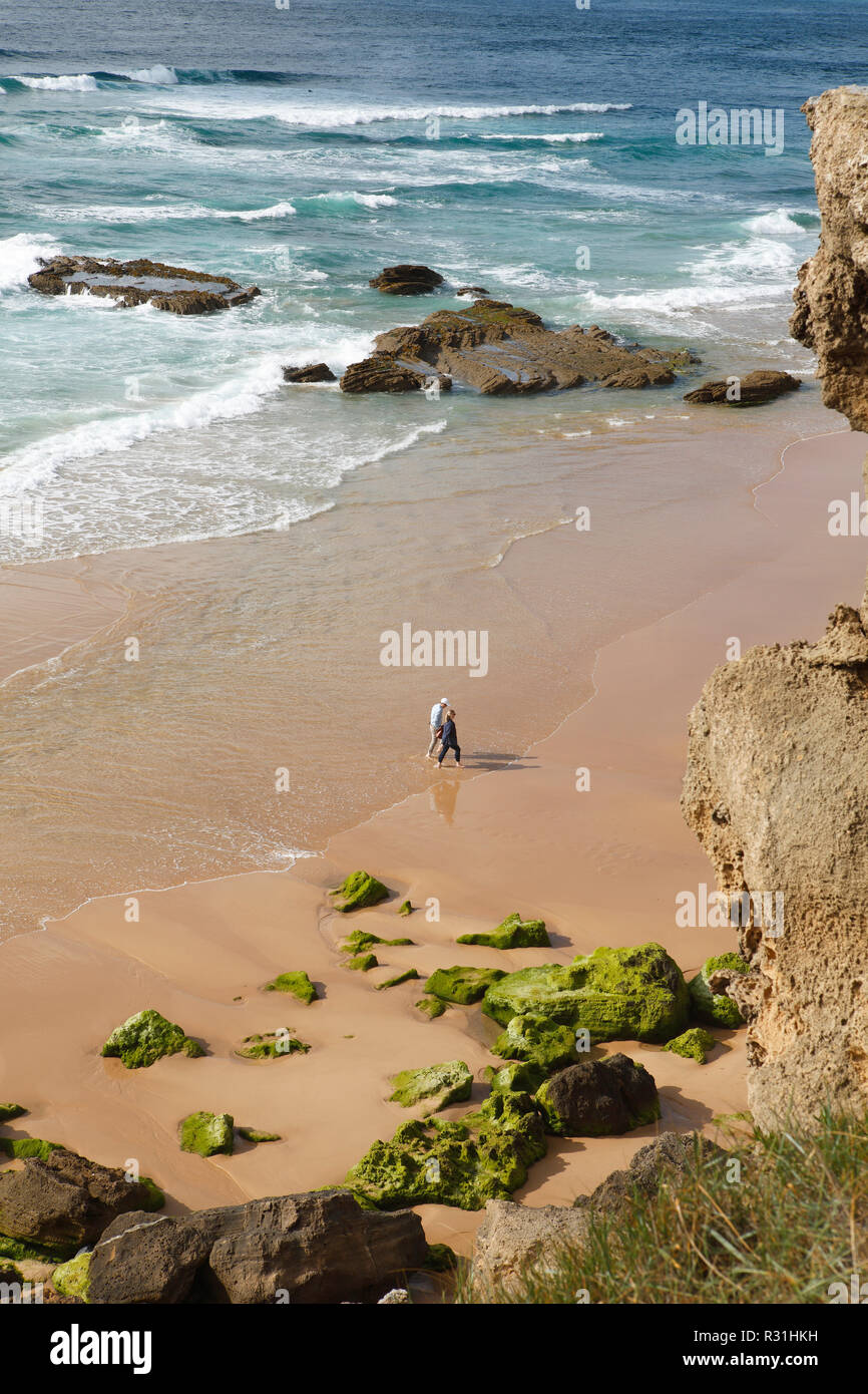 Spiaggia di sabbia spiaggia Praia do Monte Clérigo, Parque Natural do Sudoeste Alentejano e Costa Vicentina, provincia di Algarve, PORTOGALLO Foto Stock