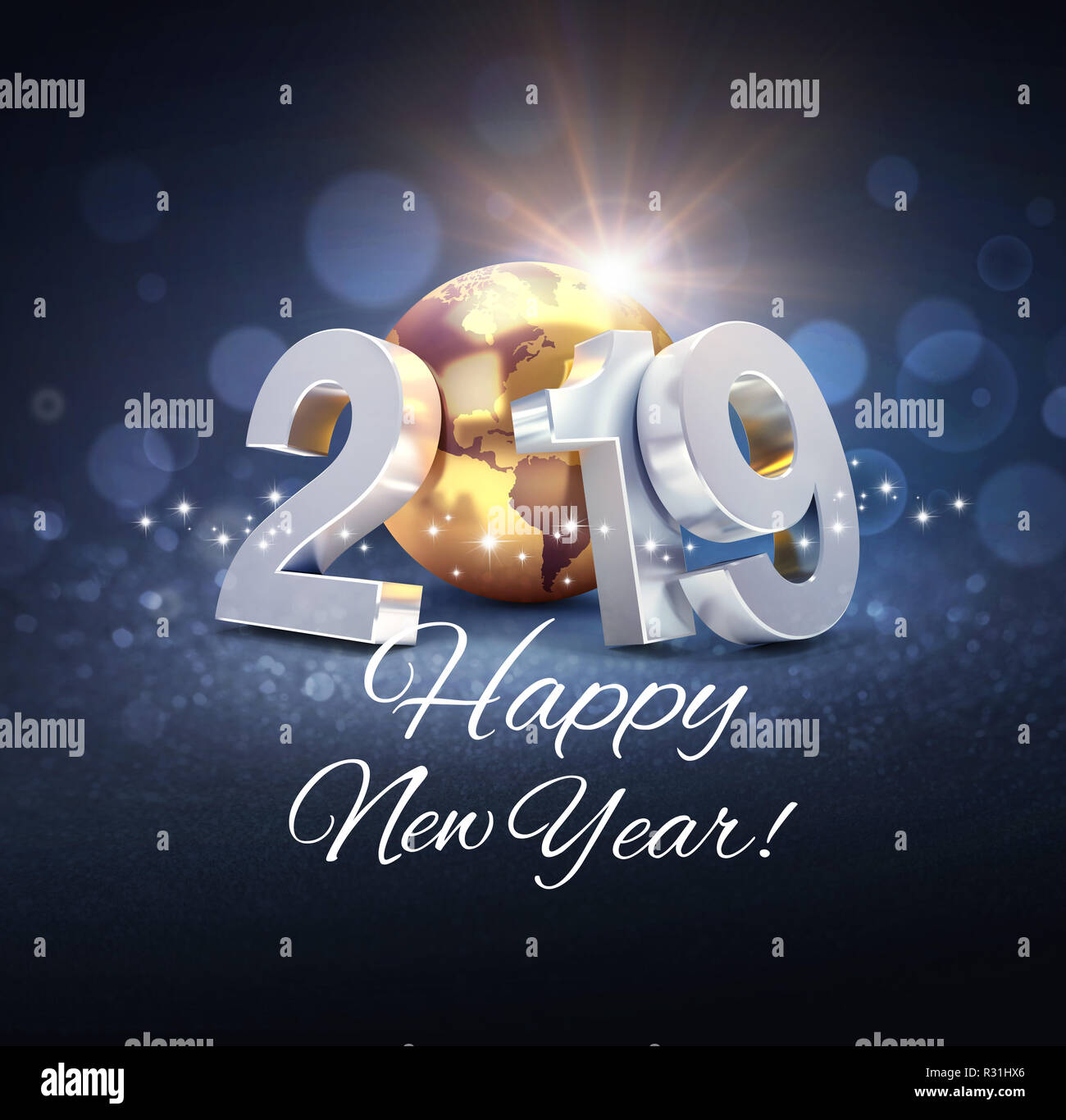 Data d'argento 2019 composto con un oro il pianeta Terra e Felice Anno Nuovo messaggio di saluto, su una scintillante sfondo nero - 3D illustrazione Foto Stock