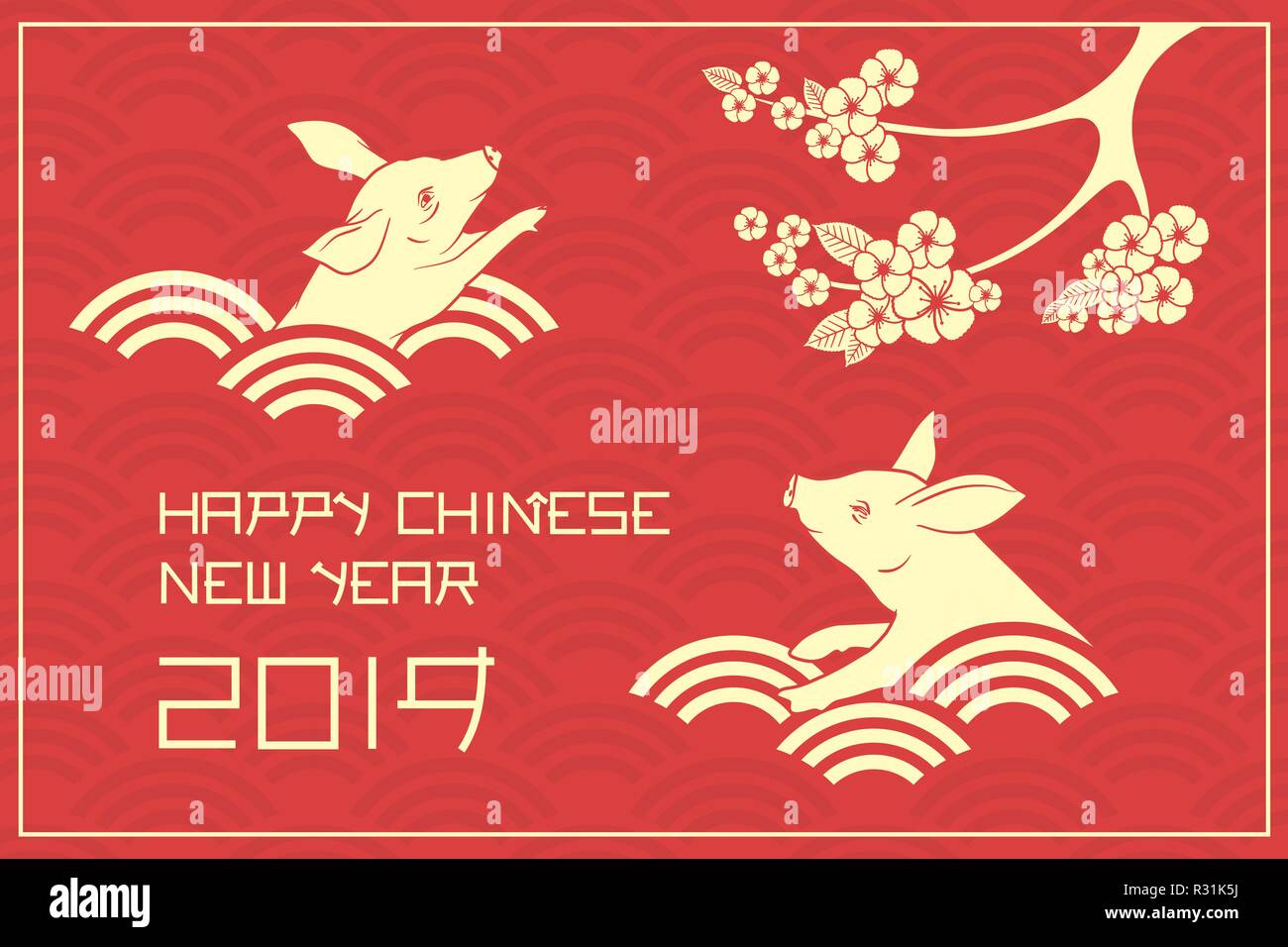Suini e sakura blossom il dragone modello in scala. Felice anno nuovo cinese 2019 illustrazione vettoriale. Illustrazione Vettoriale