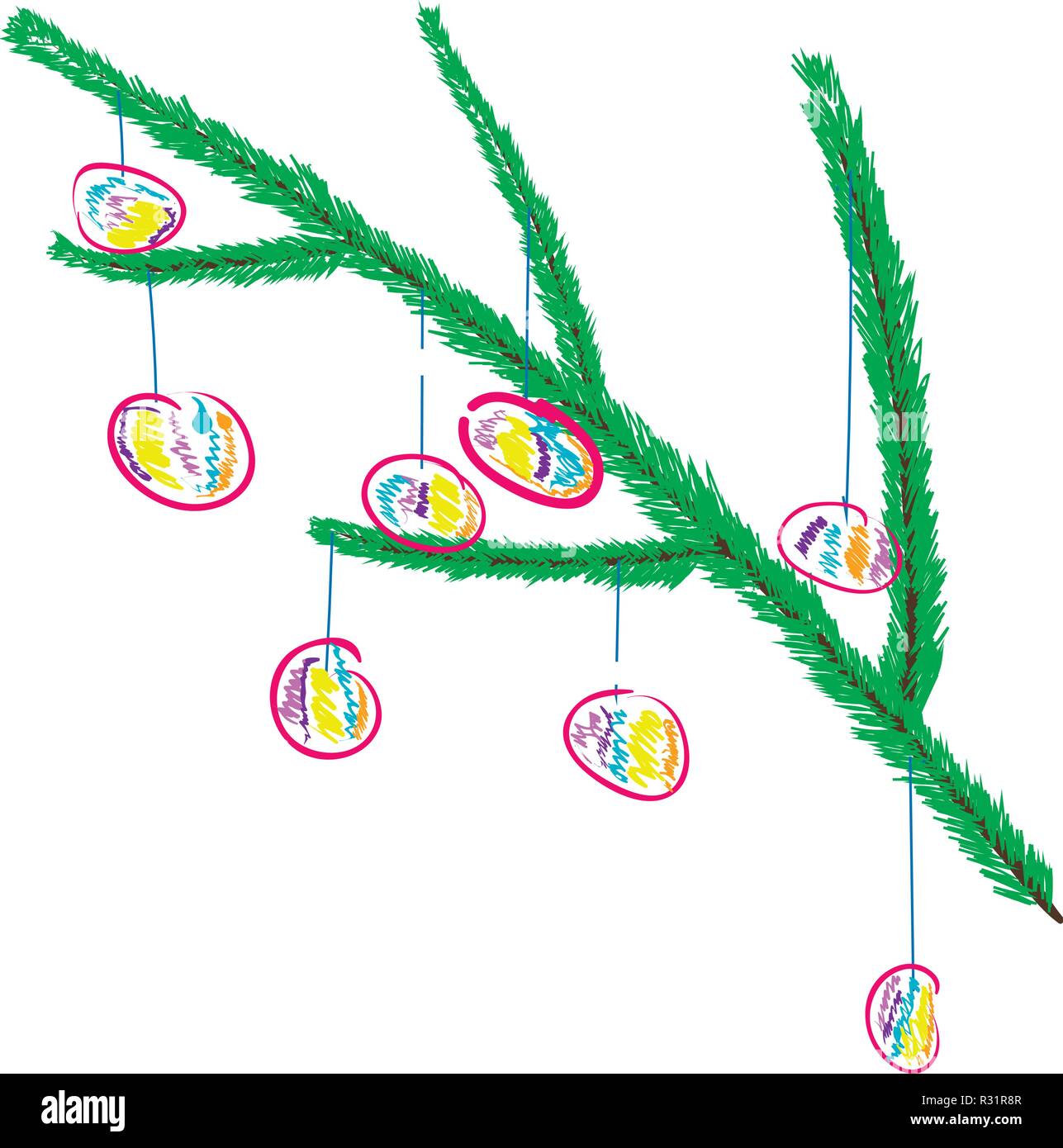 Albero di natale con ghirlande e sfere di disegno vettoriale i bambini la mano Illustrazione Vettoriale