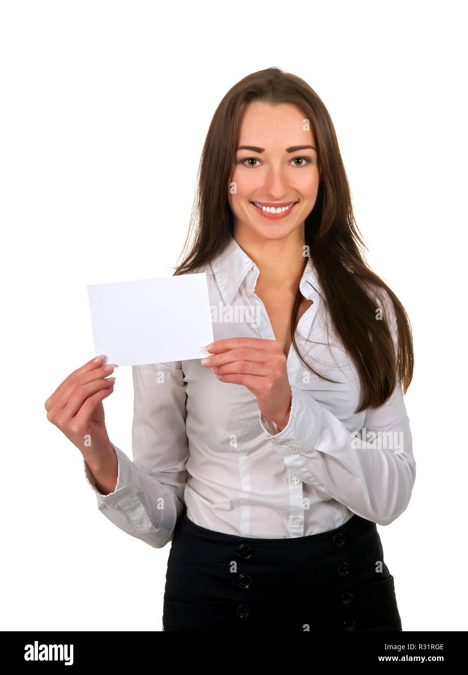 Imprenditrice con business card Foto Stock