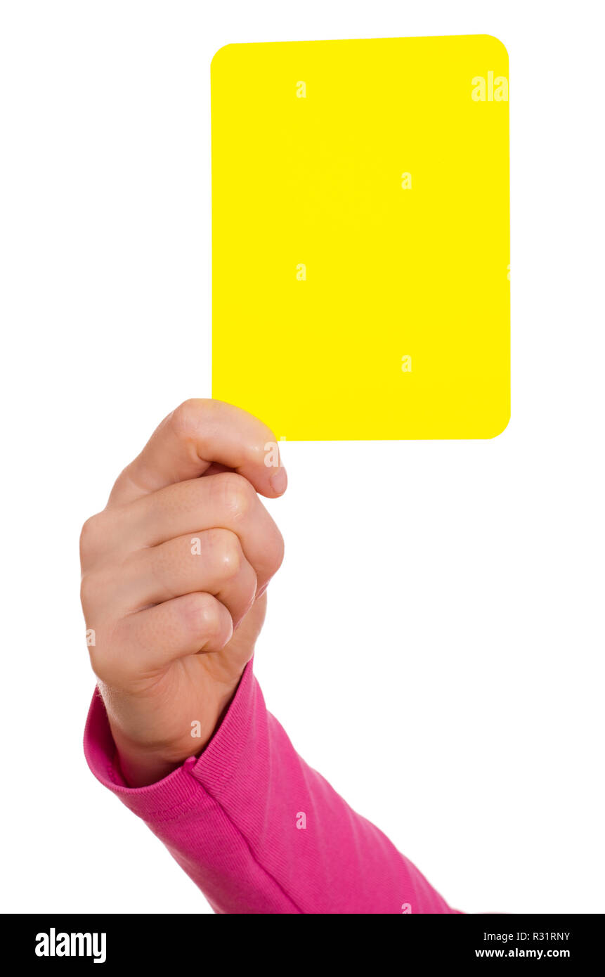 La mano che mostra scheda gialla Foto Stock