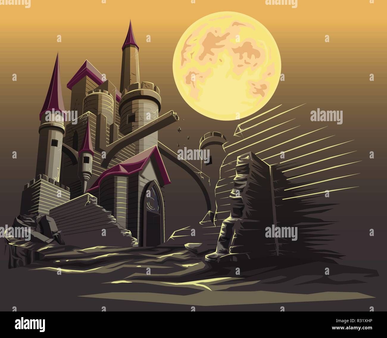 Il castello nel buio della notte e la luna piena. Illustrazione Vettoriale