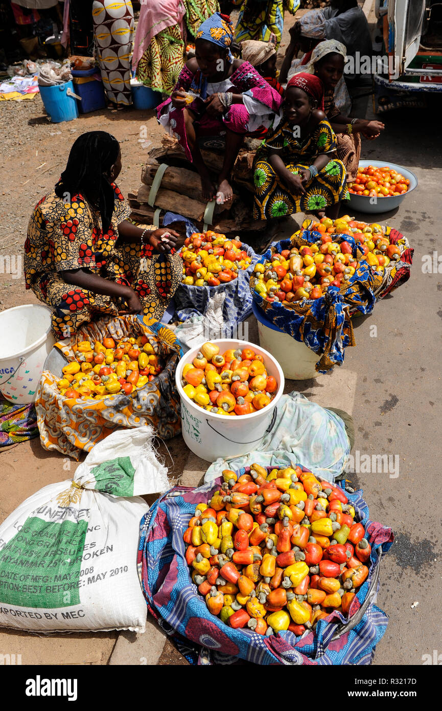 Mali, Dialakoro, mercato, le donne a vendere anacardi frutti con dado Foto Stock