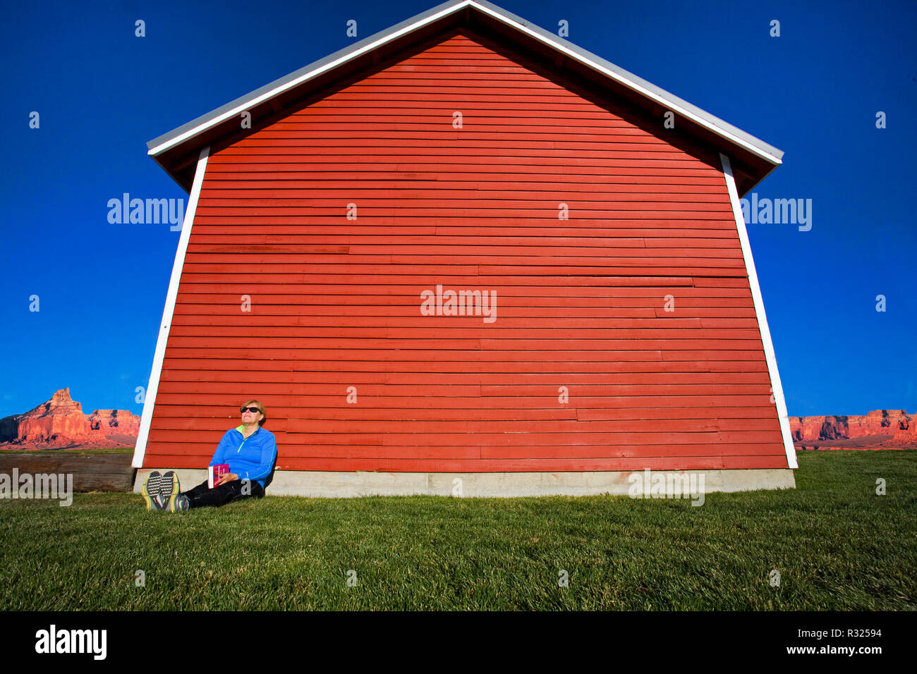 Una singola donna seduta sul terreno di lettura, come ella si appoggia contro un rosso di edificio di legno su una soleggiata giornata autunnale. Foto Stock