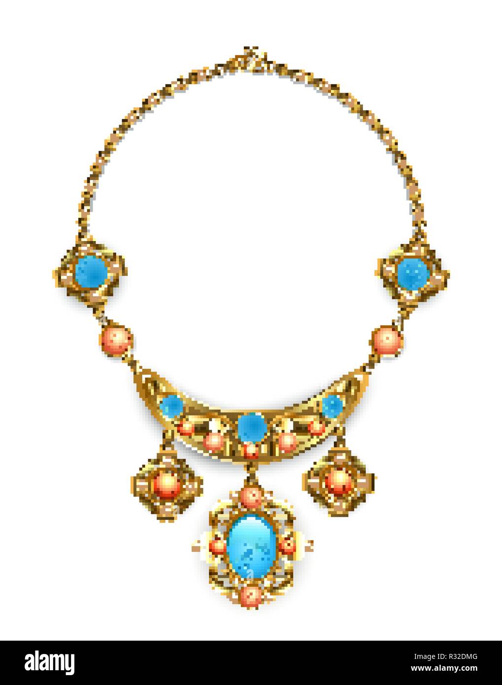 Collana in oro in stile orientale, decorato con motivo e gemme azzurre, turchese, larimar e jasper su sfondo bianco. Illustrazione Vettoriale