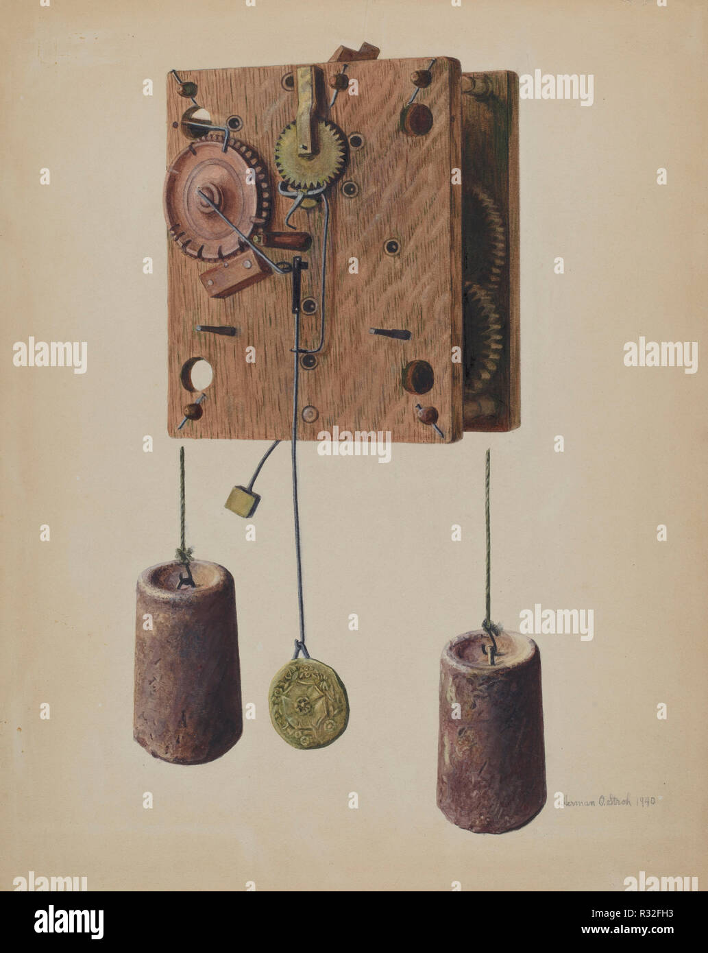 Meccanismo di Eli Terry orologio. Data: 1940. Dimensioni: complessivo: 35,6  x 28,3 cm (14 x 11 1/8 in.) originale IAD Oggetto: Disegno 3/4 dimensioni  di scala. Medium: acquerello, matita colorata, grafite e