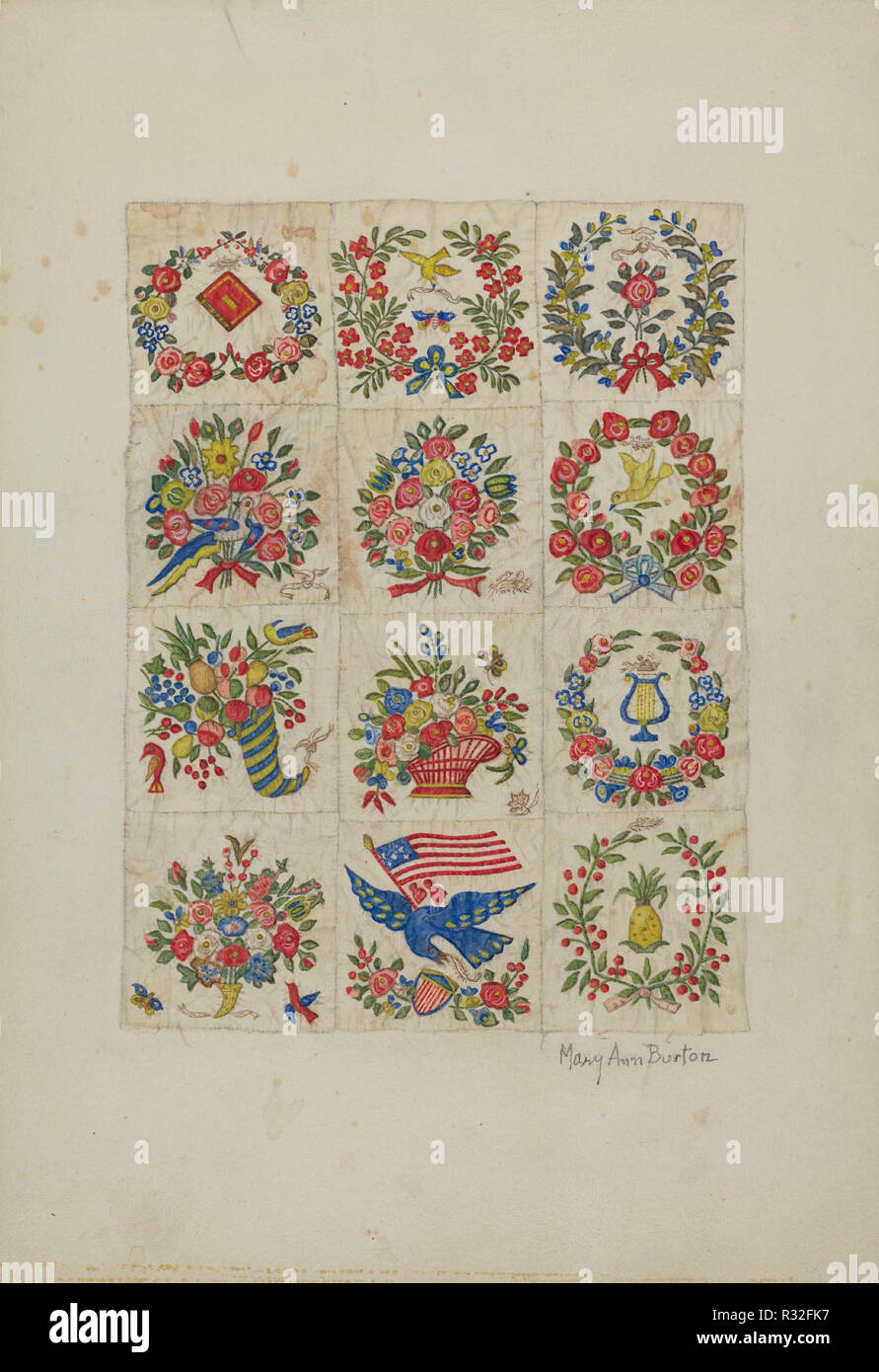 Applique Quilt (amicizia Quilt, o 'Baltimo re sposa Quilt dell'). Data: c. 1942. Dimensioni: complessivo: 35,4 x 24,4 cm (13 15/16 x 9 5/8 in.) originale IAD Oggetto: ca. 4'x5'. Medium: acquerello, matita colorata, e grafite su carta. Museo: National Gallery of Art di Washington DC. Autore: Mary Ann Burton. Foto Stock