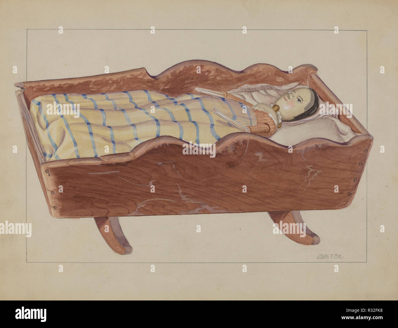 Pa. tedesco culla con Doll & coverlet. Data: 1935/1942. Medium: acquerello e grafite su cartone. Museo: National Gallery of Art di Washington DC. Autore: John Fisk. Foto Stock