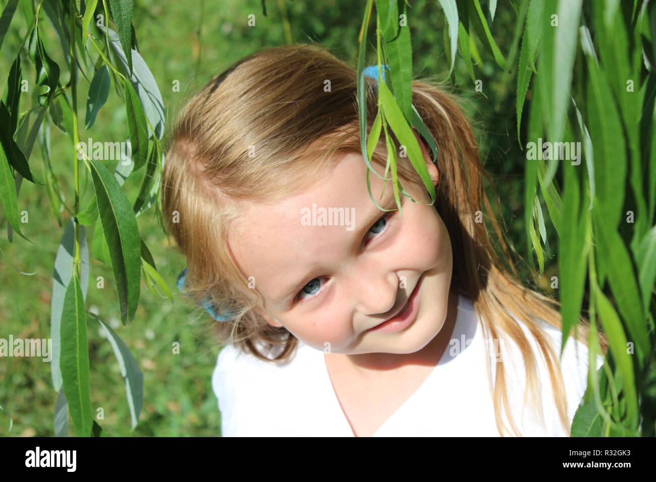 Ritratto di giovane ragazza con bella braidsstanding tra foglie di Willow. Graziosa bambina Foto Stock