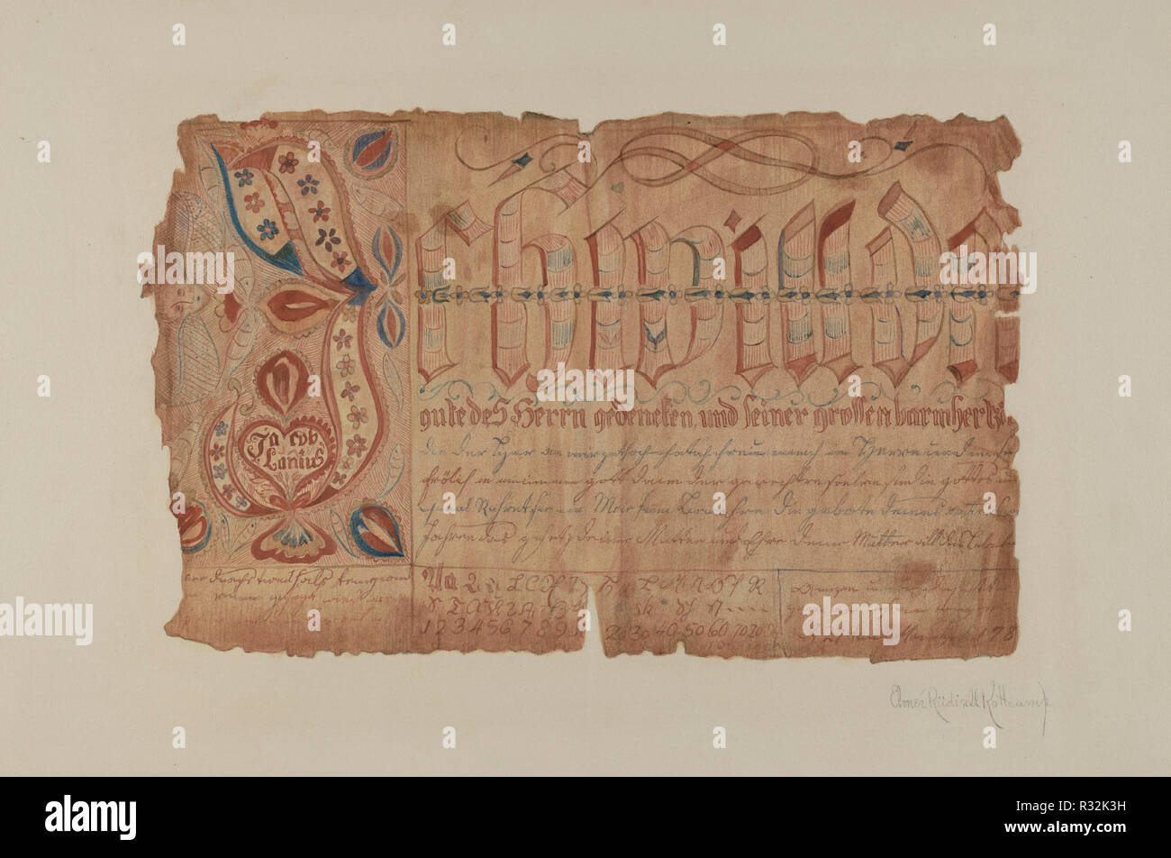 Fractur. Data: 1935/1942. Dimensioni: complessivo: 27,4 x 37,8 cm (10 13/16 x 14 7/8 in.) originale IAD oggetto: 7 1/2' alta; 12 3/4' lungo. Medium: acquerello e grafite su carta. Museo: National Gallery of Art di Washington DC. Autore: Elmer R. Kottcamp. Foto Stock