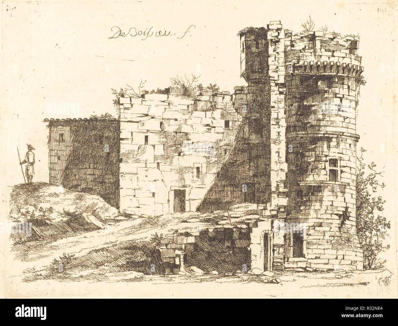 Rovine del Castello Saint-Chamond, Loire. Data: 1759. Dimensioni: piastra: 11,1 x 14,8 cm (4 3/8 x 5 13/16 in.) foglio: 11,3 x 15,2 cm (4 7/16 x 6 in.). Medio: l'attacco su cui la carta. Museo: National Gallery of Art di Washington DC. Autore: Jean-Jacques de Boissieu. Foto Stock