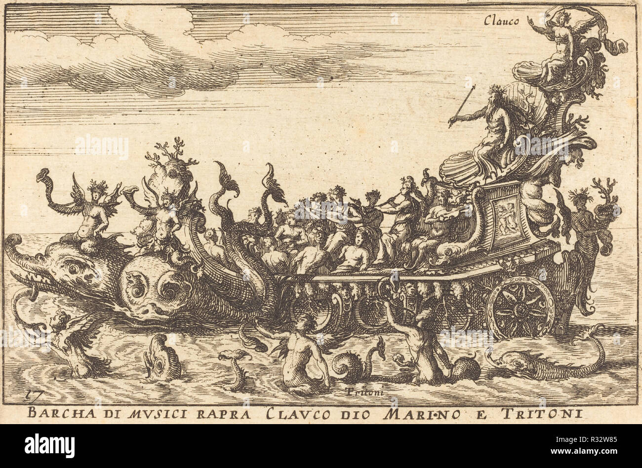 Barcha di musici rapra Clauco dio marino e Tritoni. Dimensioni: piastra: 8,7 x 12,8 cm (3 7/16 x 5 1/16 in.) foglio: 8.9 x 13 cm (3 1/2 x 5 1/8 in.). Medio: l'attacco su cui la carta. Museo: National Gallery of Art di Washington DC. Autore: Balthasar Moncornet dopo Remigio Cantagallina. Foto Stock