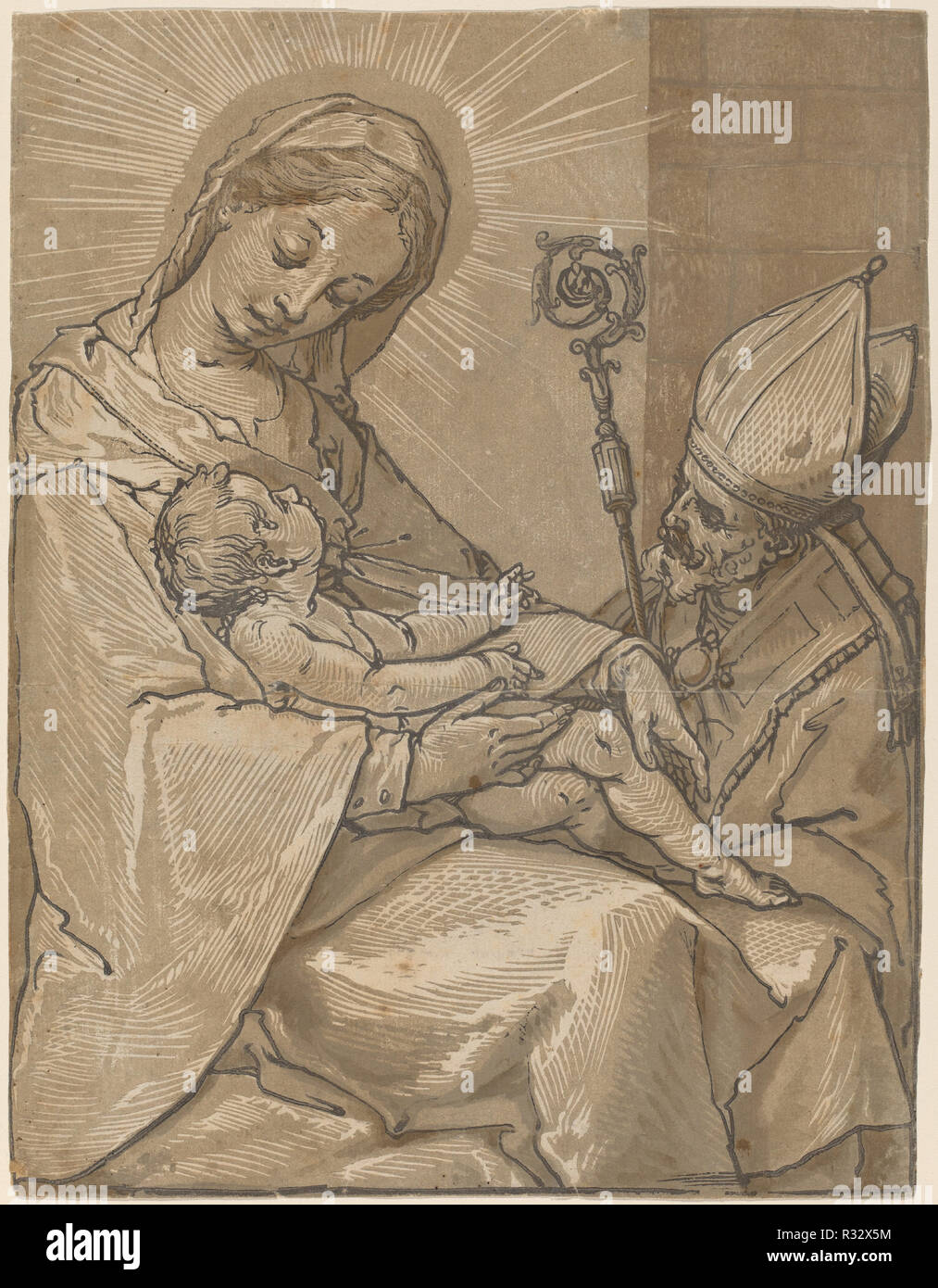 Madonna con Bambino e un vescovo. Data: 1591. Dimensioni: foglio (rifilato e all'interno di un confine): 27,9 x 21,3 cm (11 x 8 3/8 in.). Medium: incisione a legno in chiaroscuro stampato da tre blocchi: marrone scuro Blocco di linea e due blocchi di tono in sfumature di marrone su cui la carta. Museo: National Gallery of Art di Washington DC. Autore: Andrea Andreani dopo Alessandro Casolani. Foto Stock